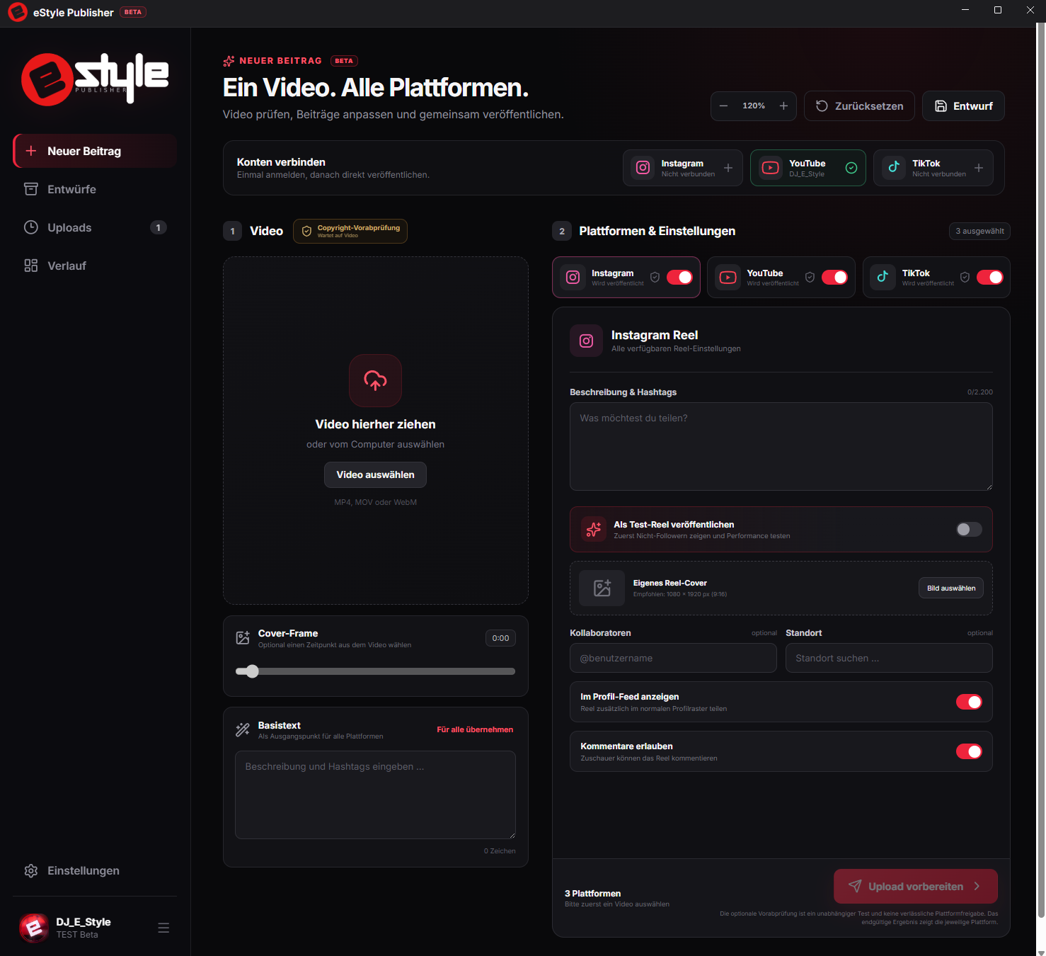 Ausschnitt: Upload und Plattformen in eStyle Publisher